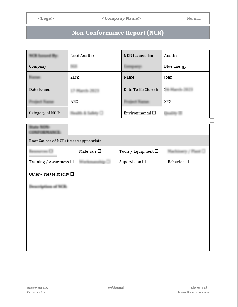 ISO 9001:QMS Non-Conformance Report  Template