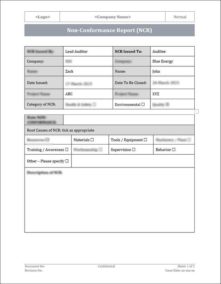 ISO 9001:QMS Non-Conformance Report  Template