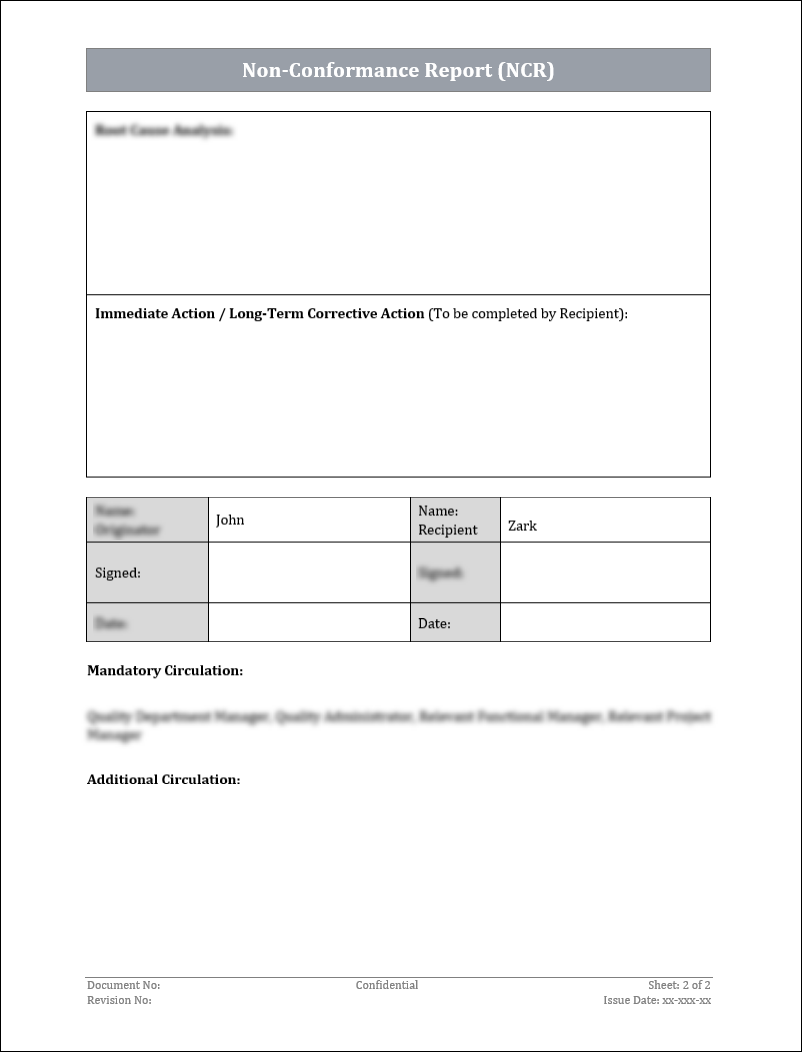 ISO 9001:QMS Non-Conformance Report  Template