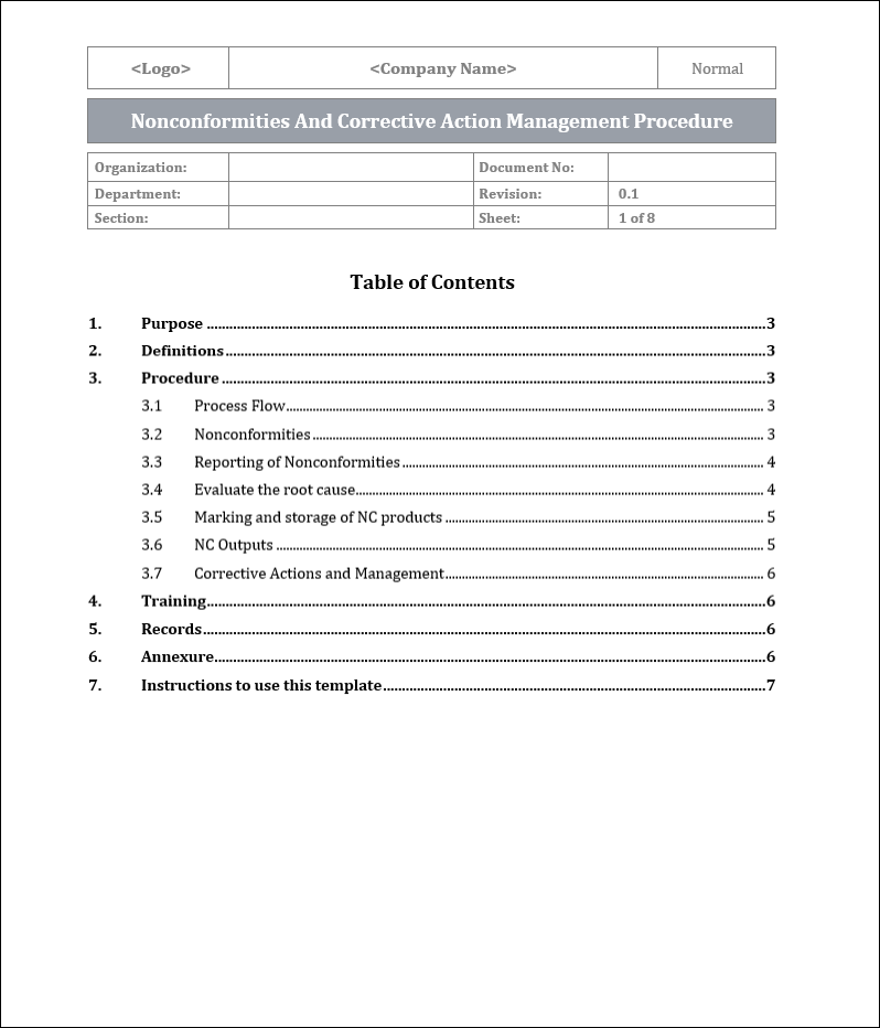 ISO 9001:QMS Nonconformities And Corrective Action Management Procedure Template