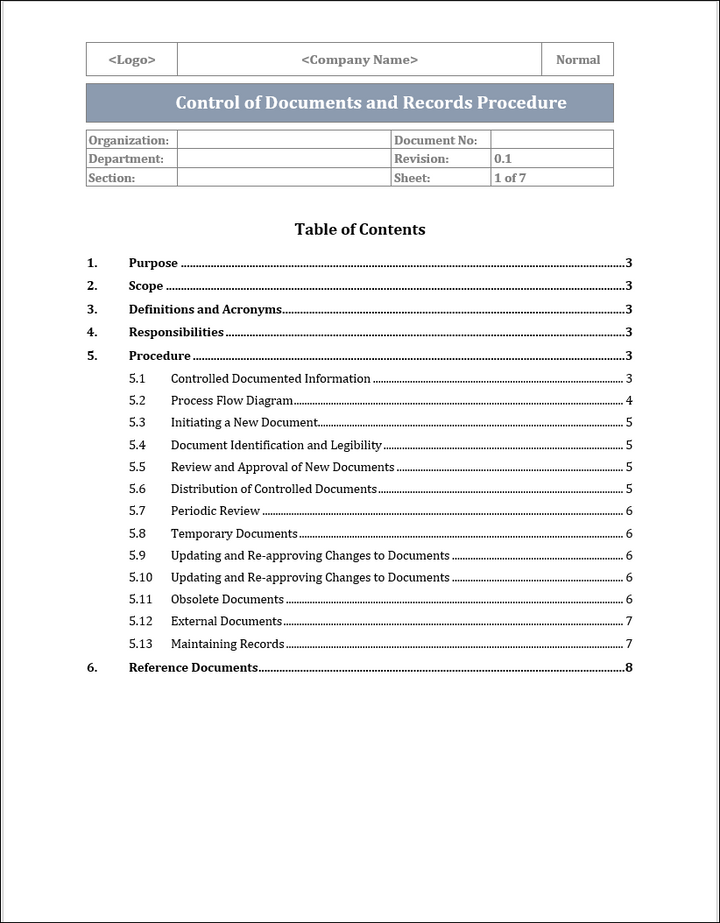 ISO 45001 Control Of Documents and Records Procedure Template