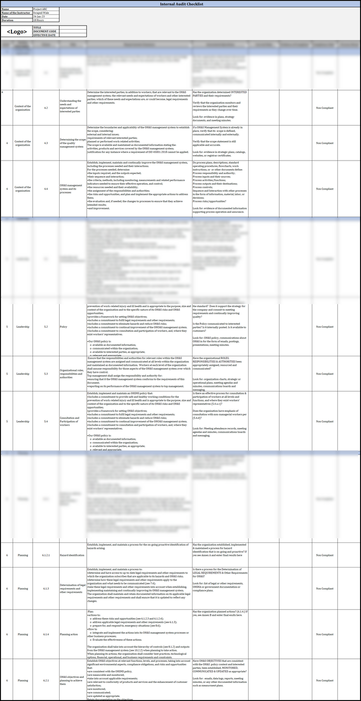 ISO 45001 Internal Audit Checklist Template