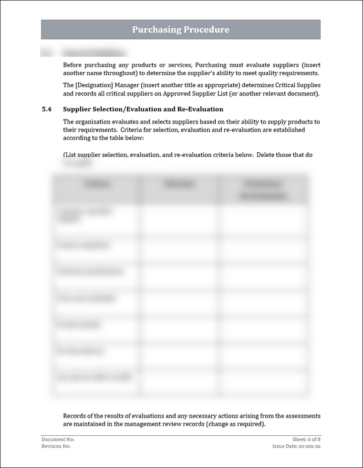 ISO 45001 Purchasing Procedure Template