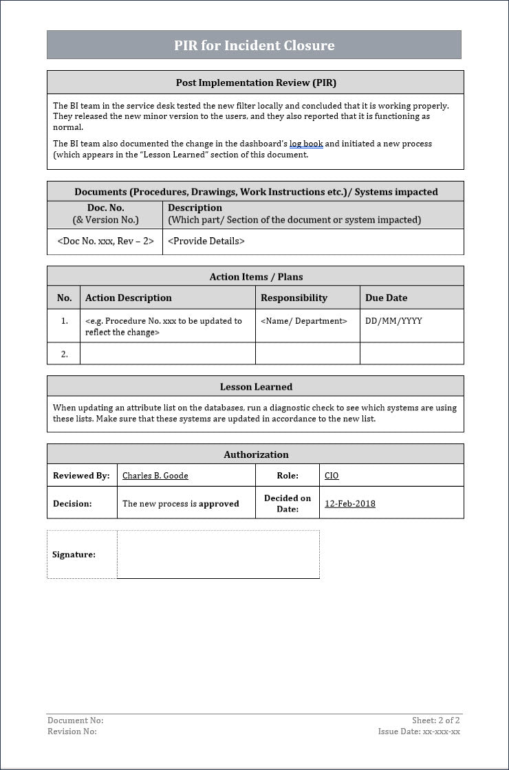 incident closure, PIR