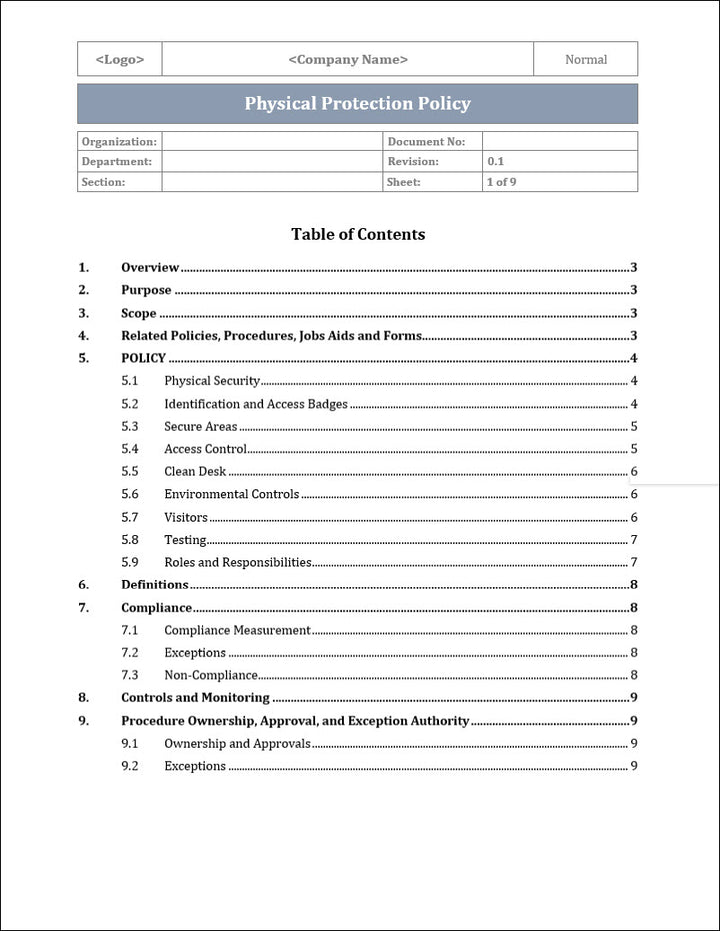 ISO 27001:2022 - Physical Protection Policy Template