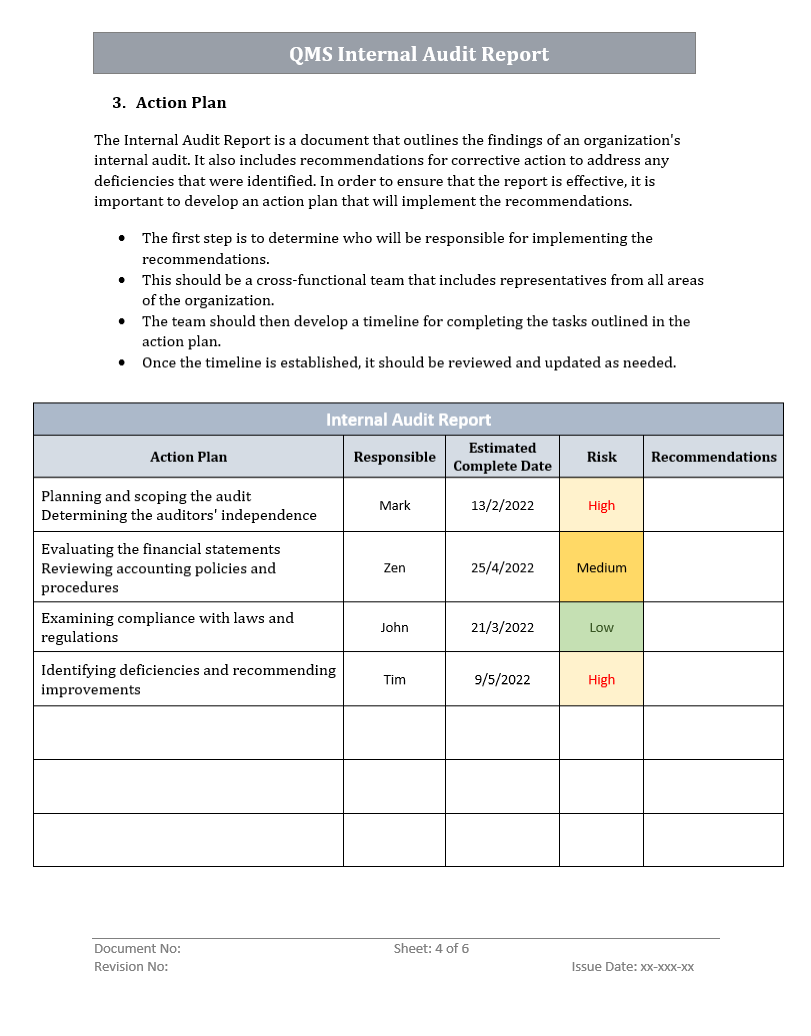 QMS Internal Audit Report Plan