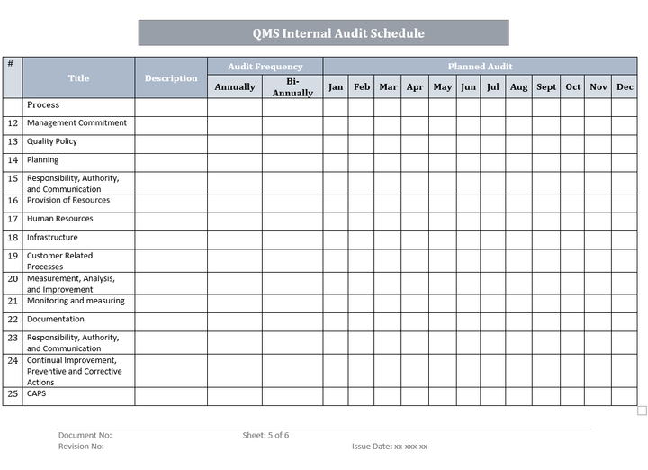 QMS Internal Audit Schedule Templates