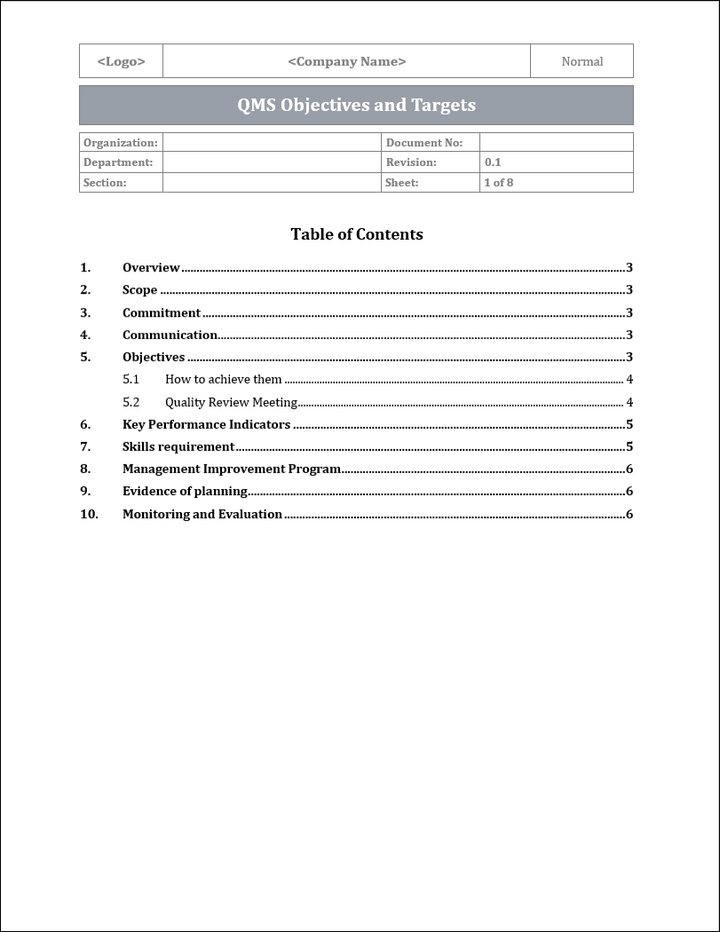 ISO 9001:QMS Objectives and Targets Template