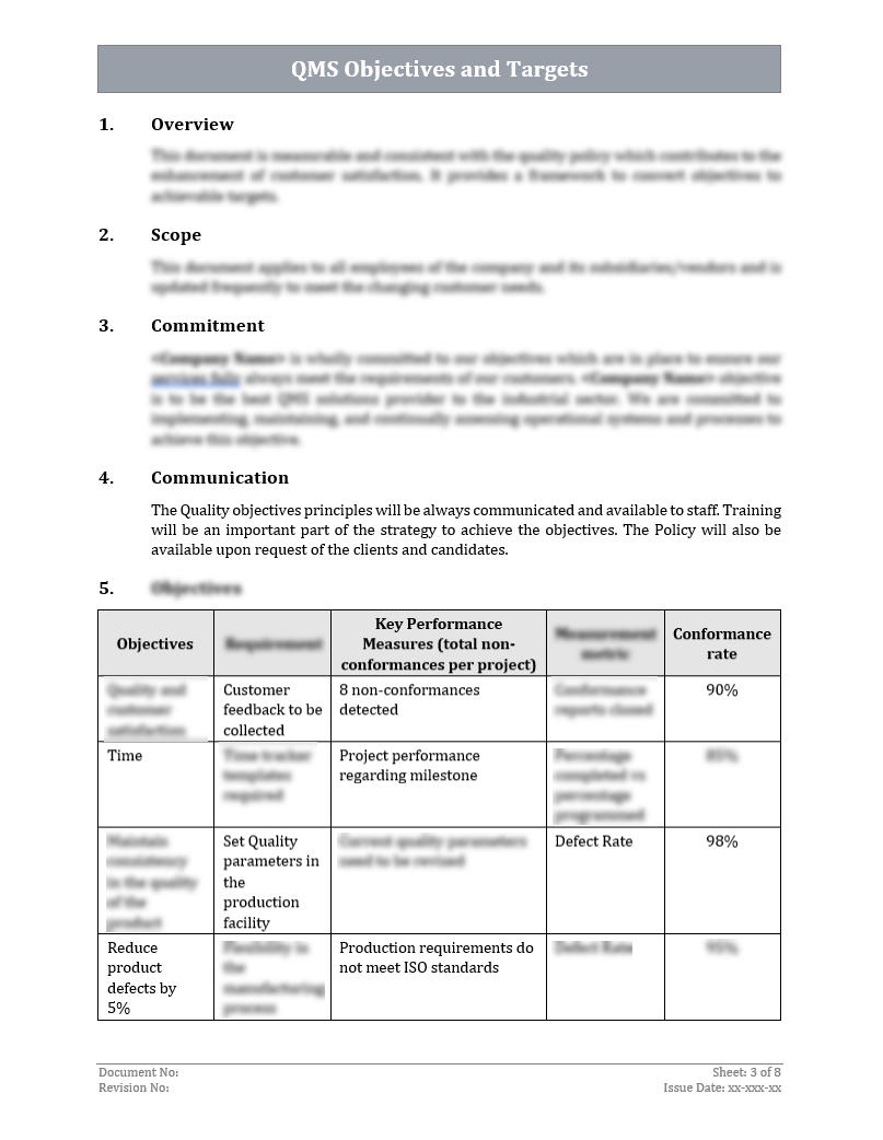 ISO 9001:QMS Objectives and Targets Template