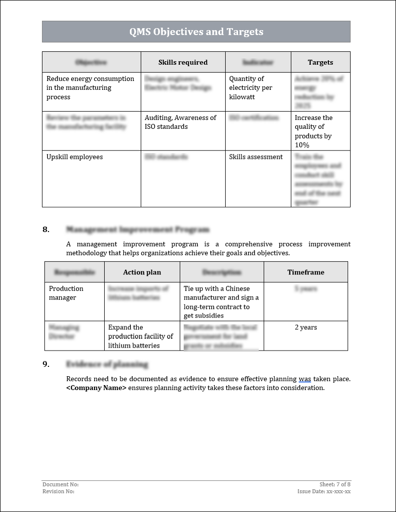 ISO 9001:QMS Objectives and Targets Template