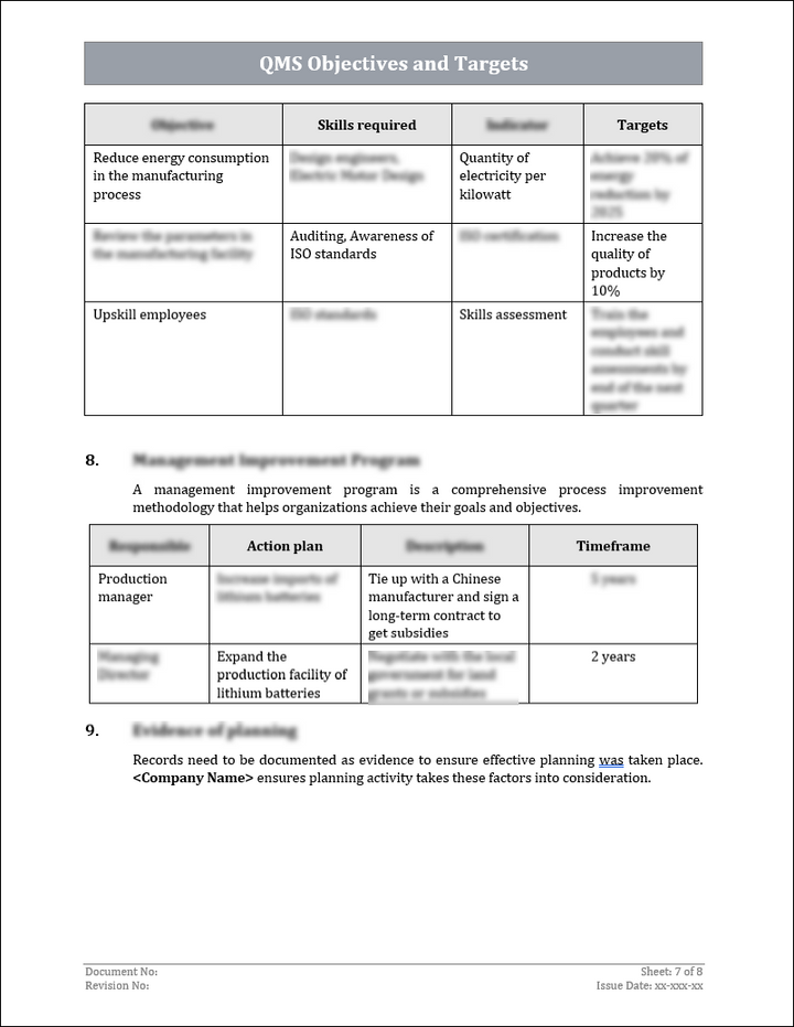 ISO 9001:QMS Objectives and Targets Template