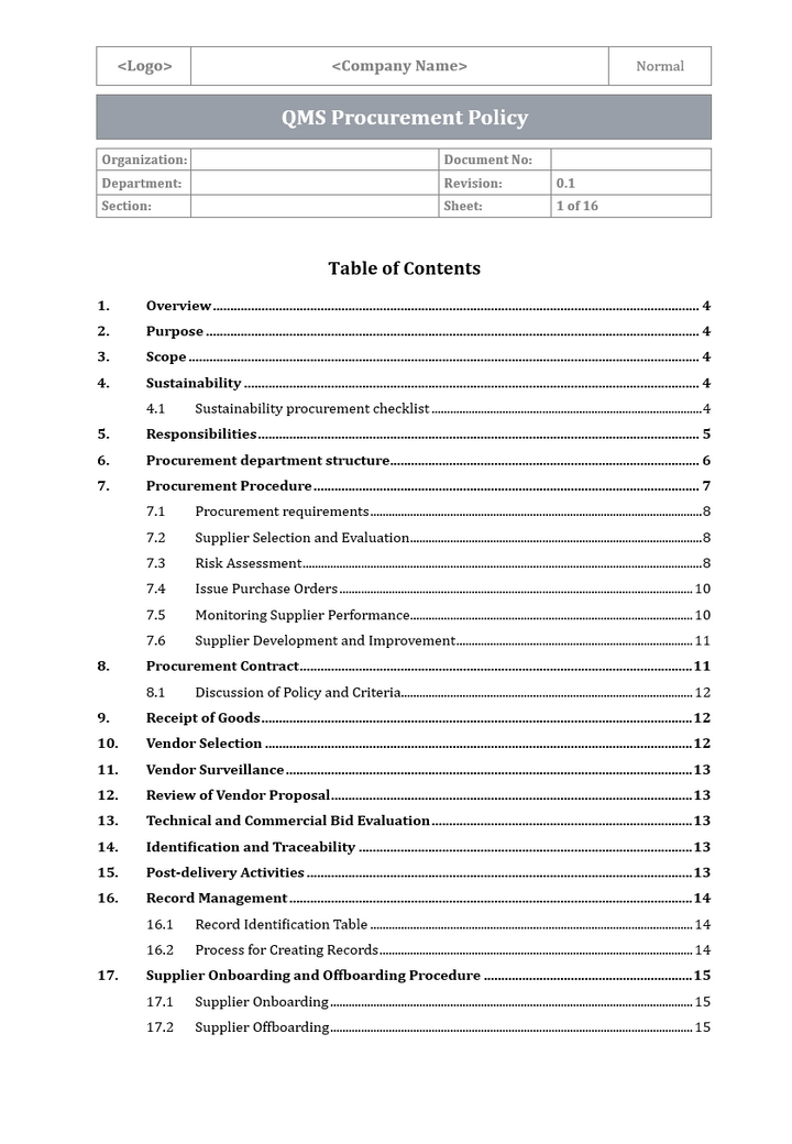 ISO 9001: QMS Procurement Policy Template