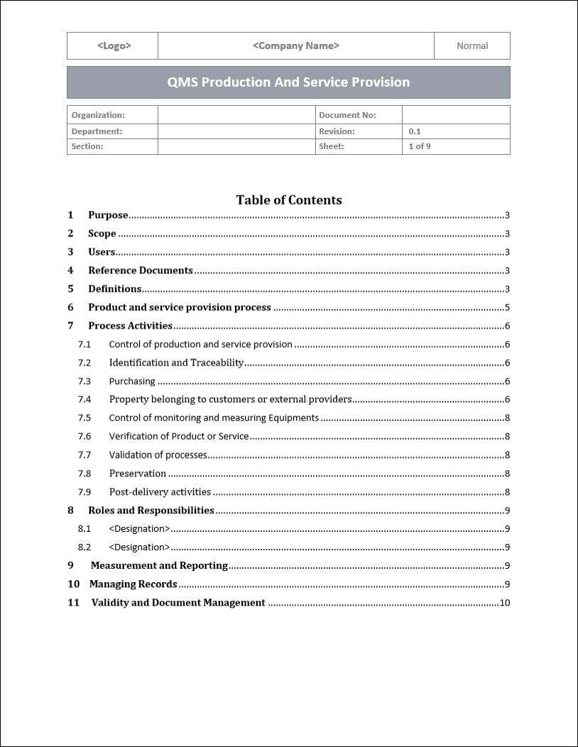 ISO 9001: QMS Production And Service Provision Template