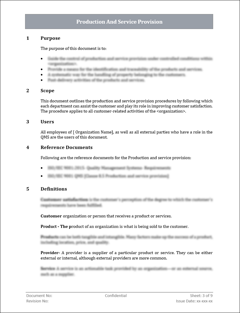 ISO 9001: QMS Production And Service Provision Template