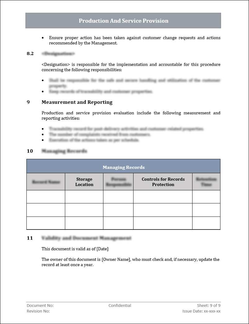 ISO 9001: QMS Production And Service Provision Template