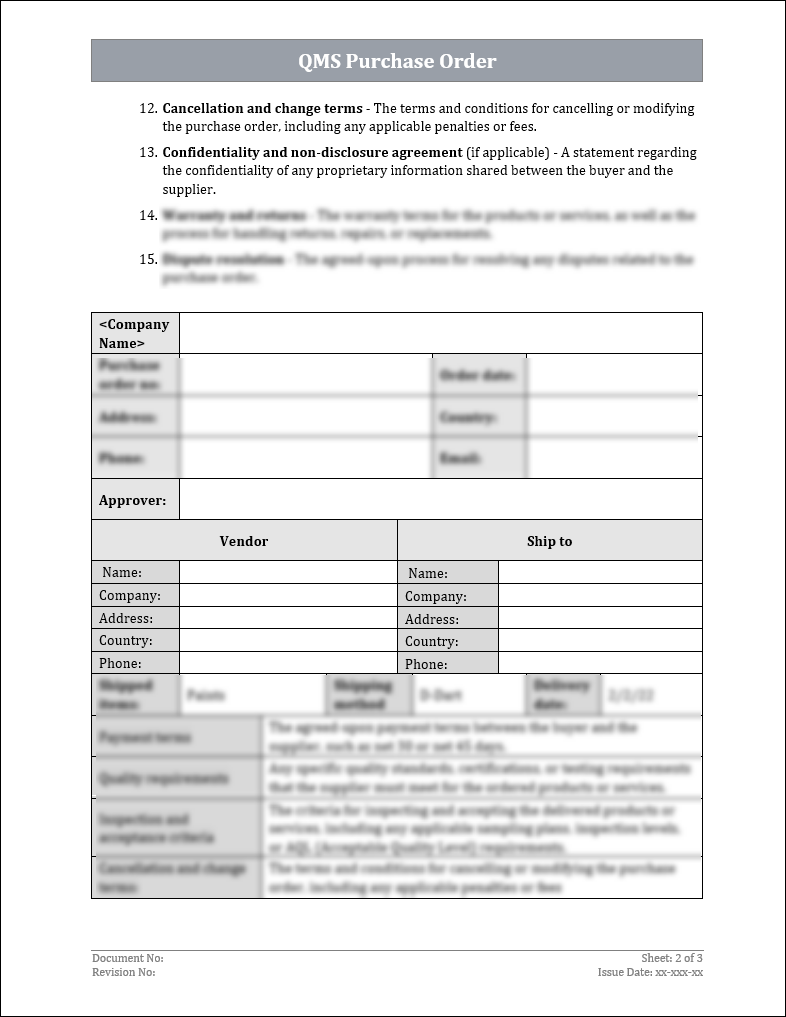 ISO 9001:QMS Purchase Order Template