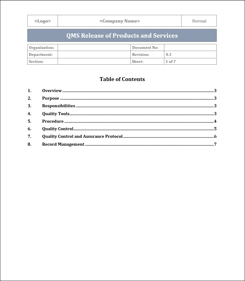 ISO 9001:QMS Release of Products and Services Template