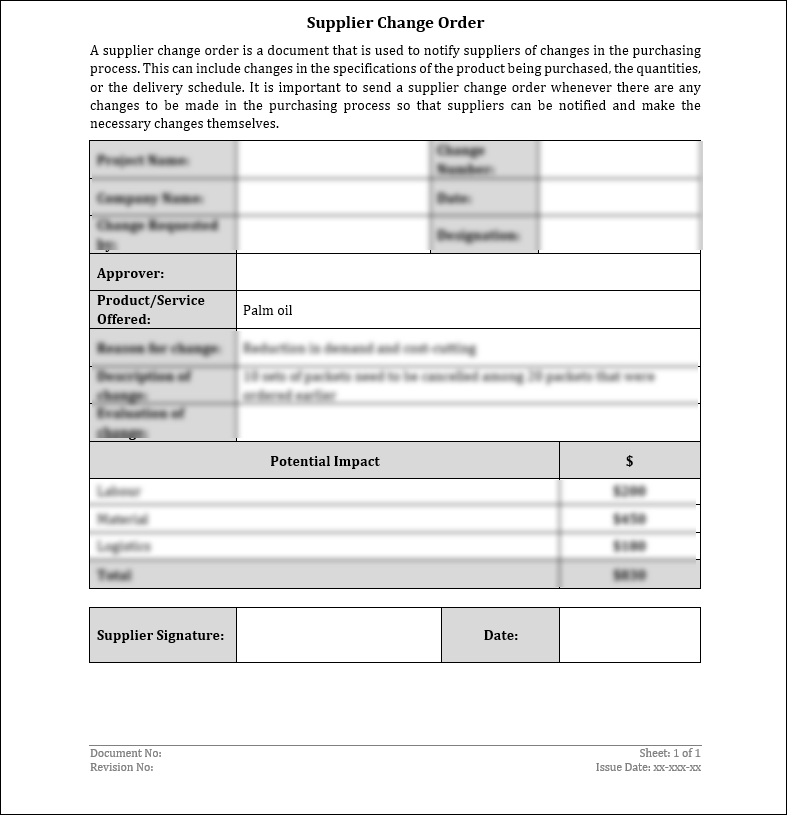 ISO 9001:QMS Supplier Change Order