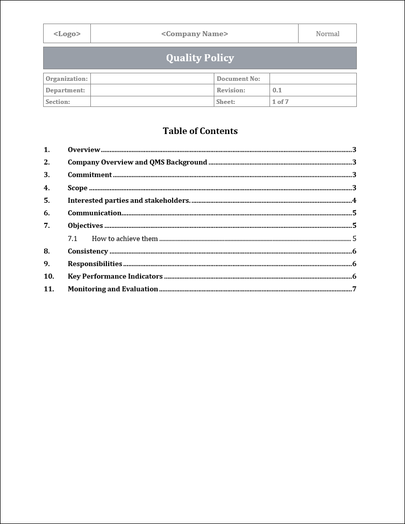 ISO 9001:QMS Quality Policy Template