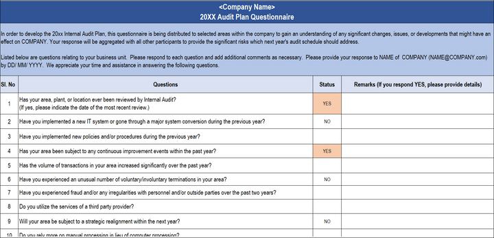 Questionnaire to Develop Internal Audit Plan