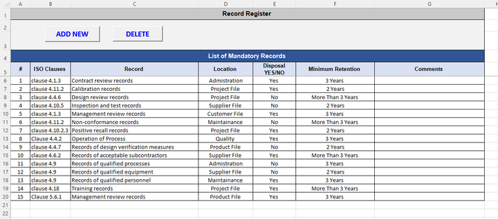 Record Register Template