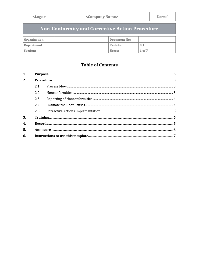 ISO 22301 Non Conformity and Corrective Action Procedure Template