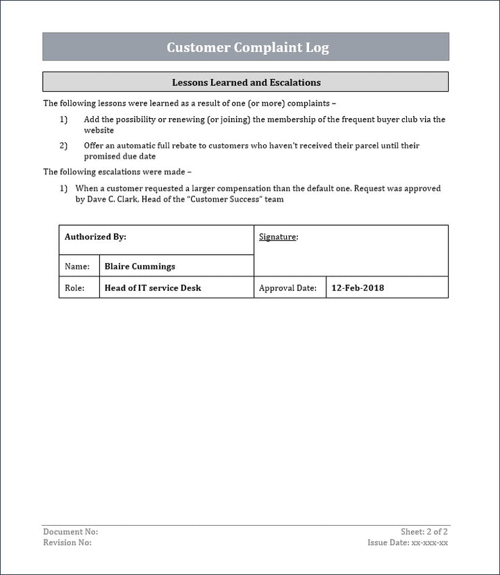 customer complaint log