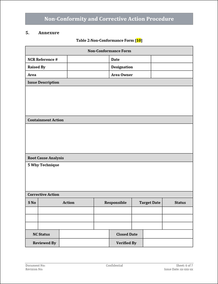 ISO 22301 Non Conformity and Corrective Action Procedure Template