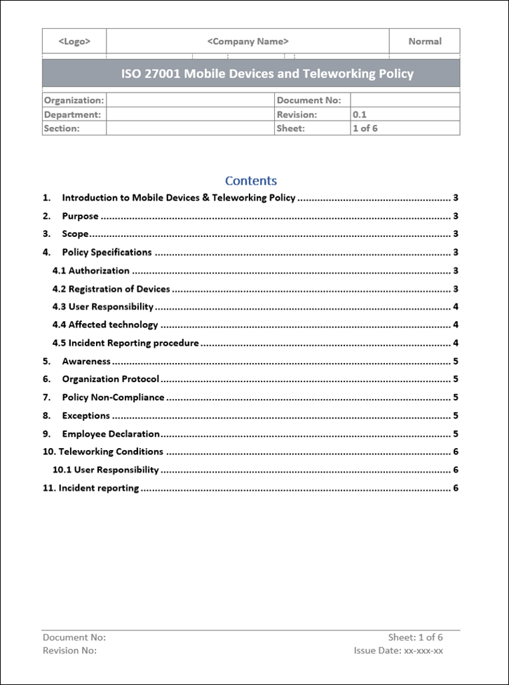 Mobile device and teleworking policy