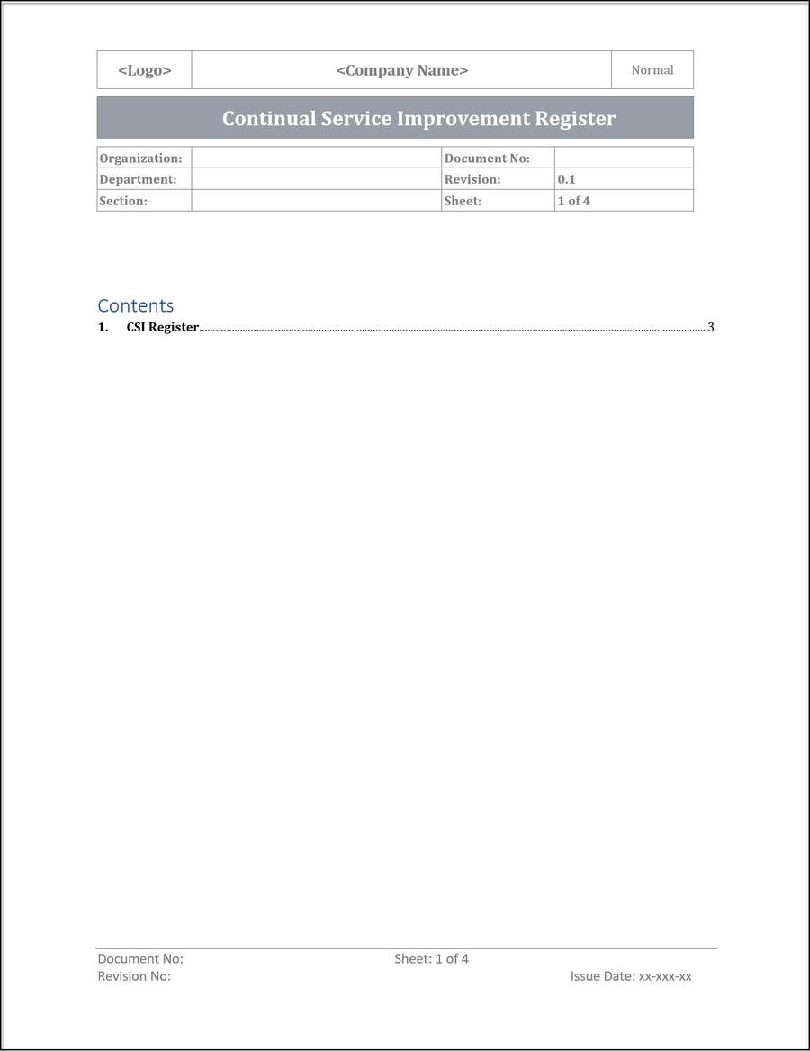 ISO 20000 Continual Service Improvement Register Template