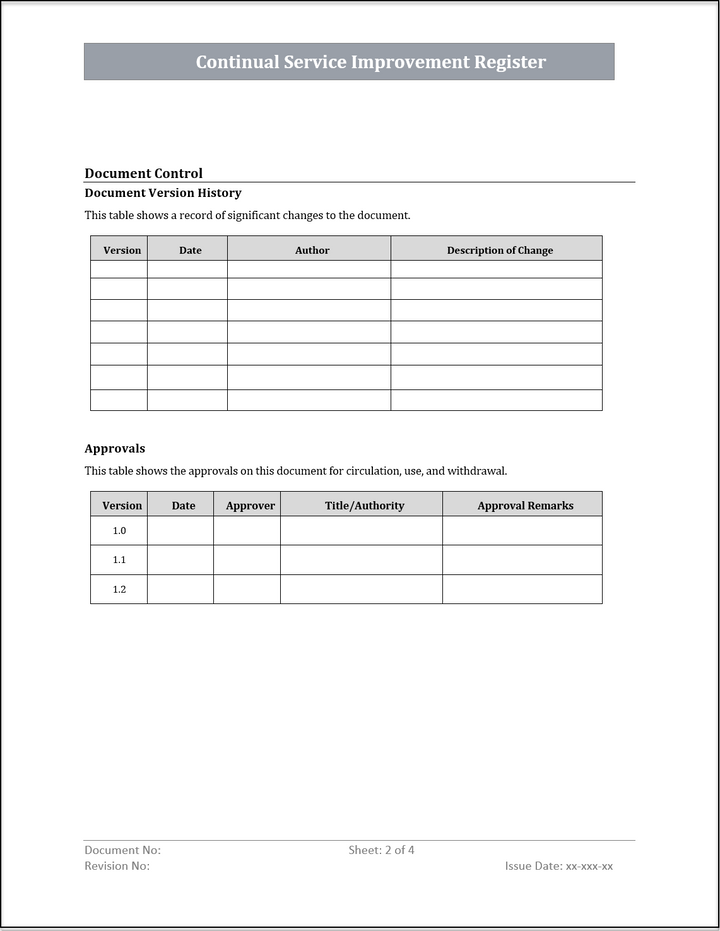 ISO 20000 Continual Service Improvement Register Template