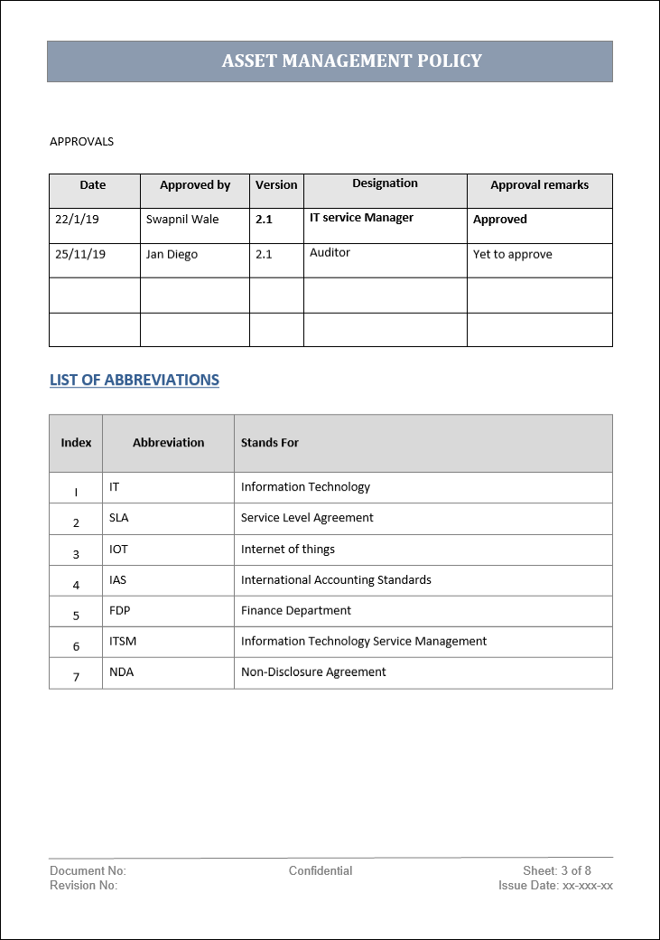 Asset management policy, asset management policy template, asset management, asset management template