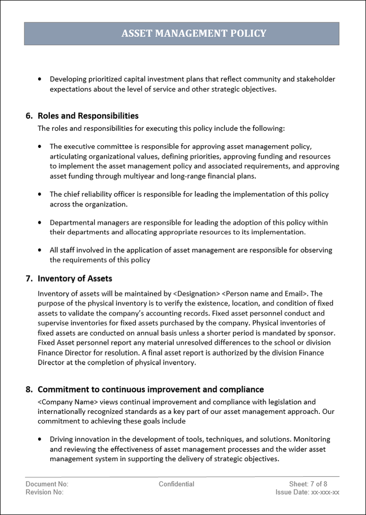 Asset management policy, asset management policy template, asset management, asset management template