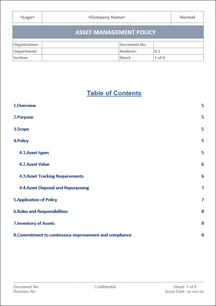 Asset management policy, asset management policy template, asset management, asset management template