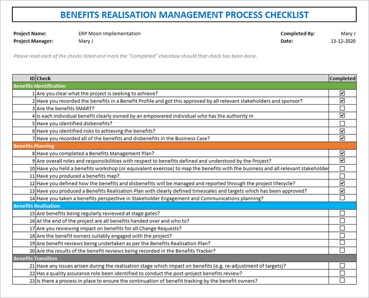 Benefits Realization Management Process Checklist 