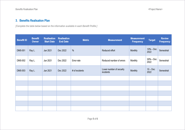 Benefit Realization Word Template 