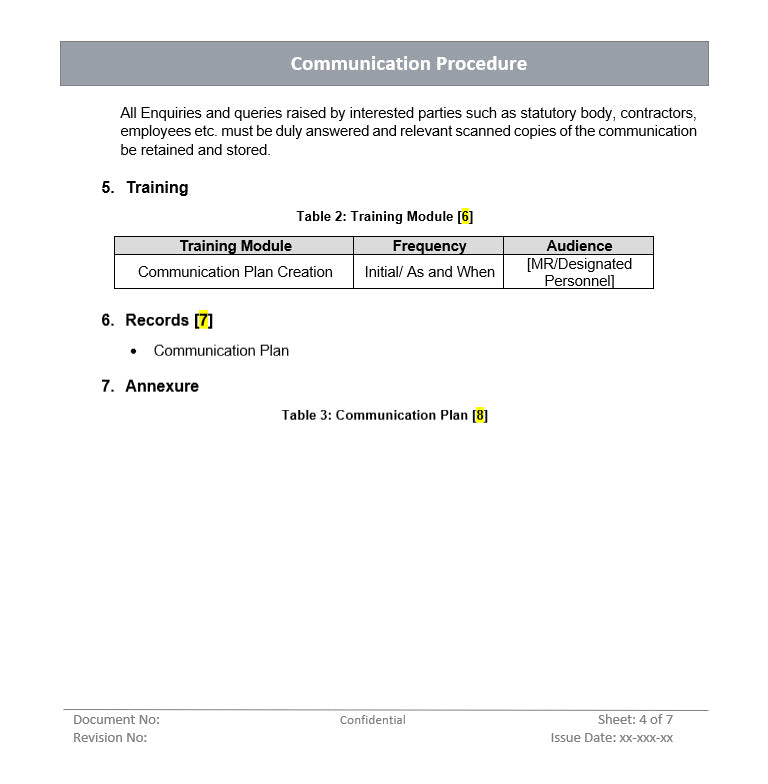 Communication procedure, communication plan