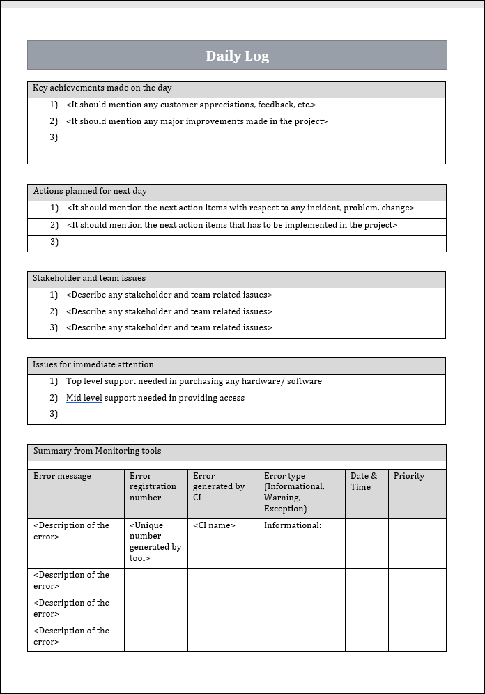 Daily log template, ITIL daily log