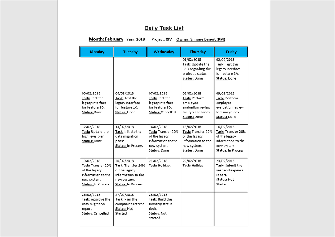 Daily Task List Template