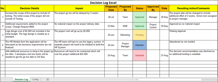 Decision Log Excel Template