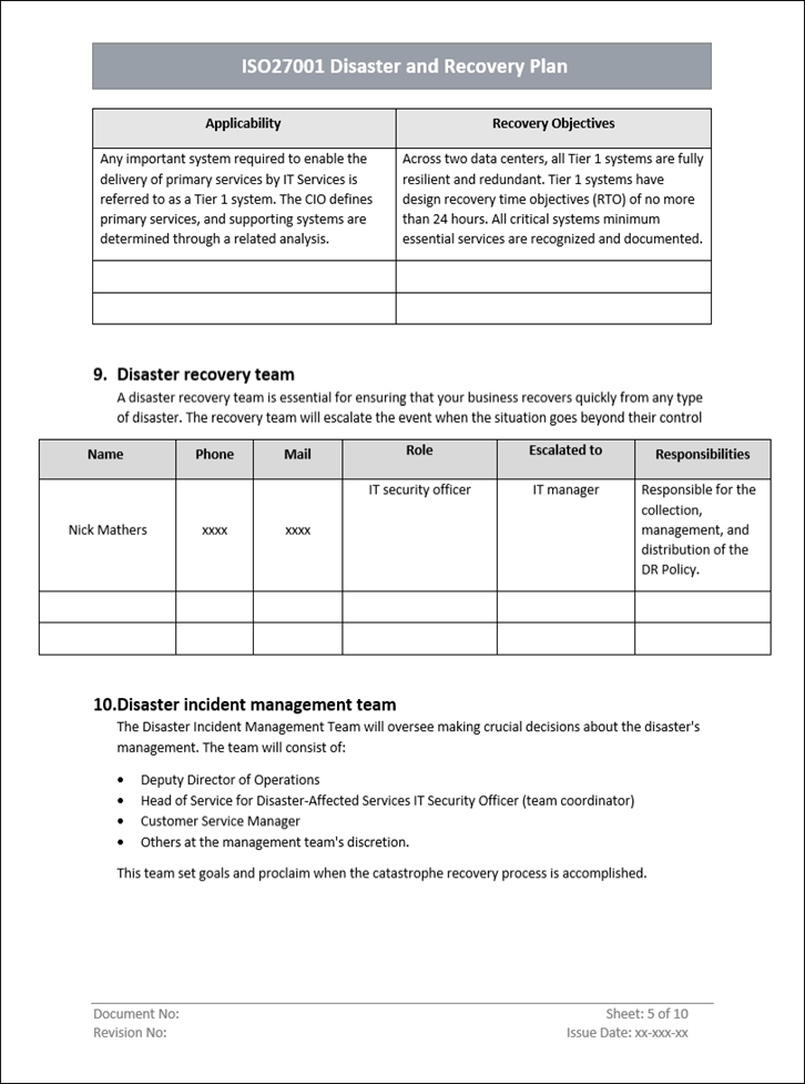 Disaster and recovery plan, Disaster and recovery team