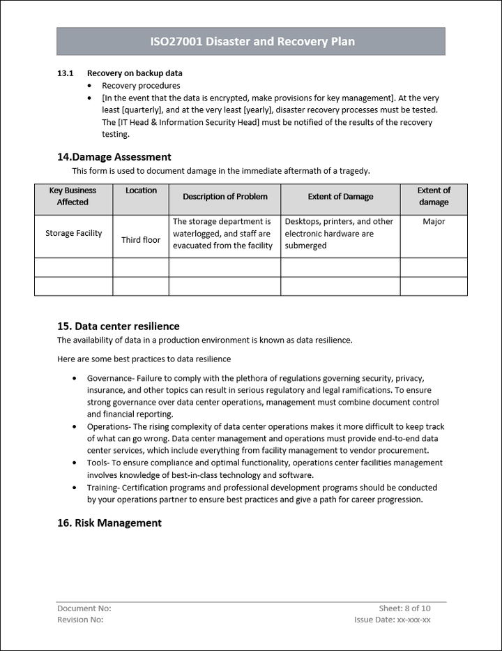 Disaster and recovery plan, damage assessment