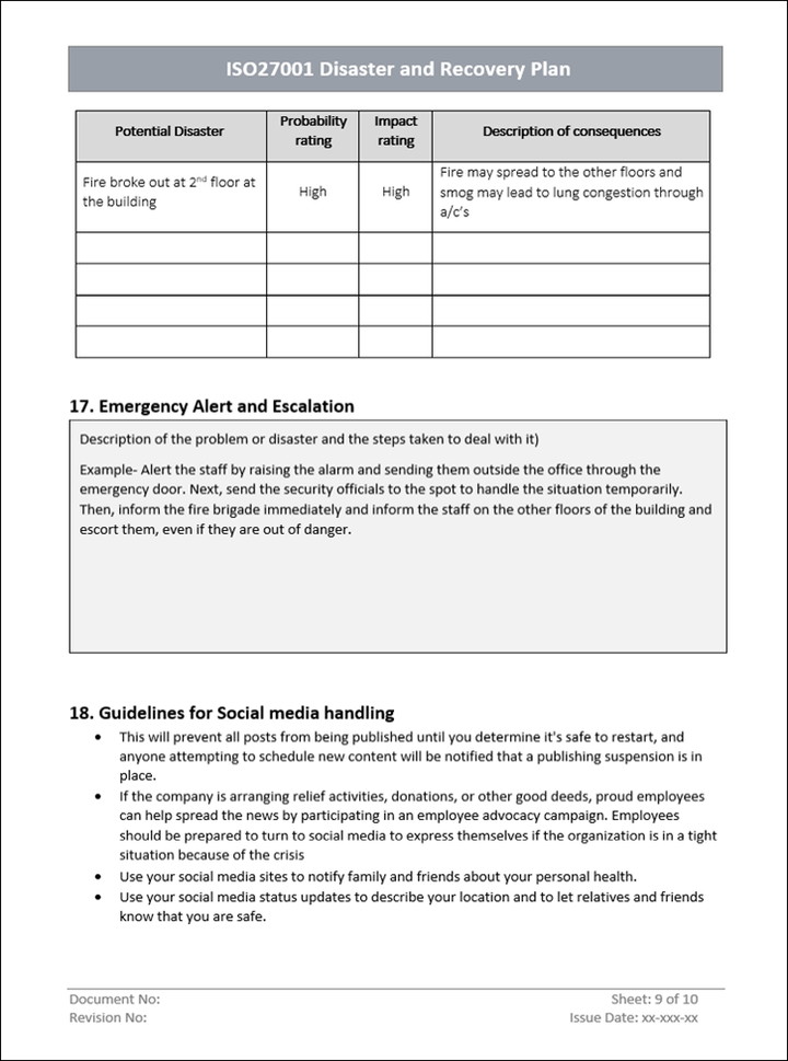 Disaster and recovery plan, Emergency and escalation