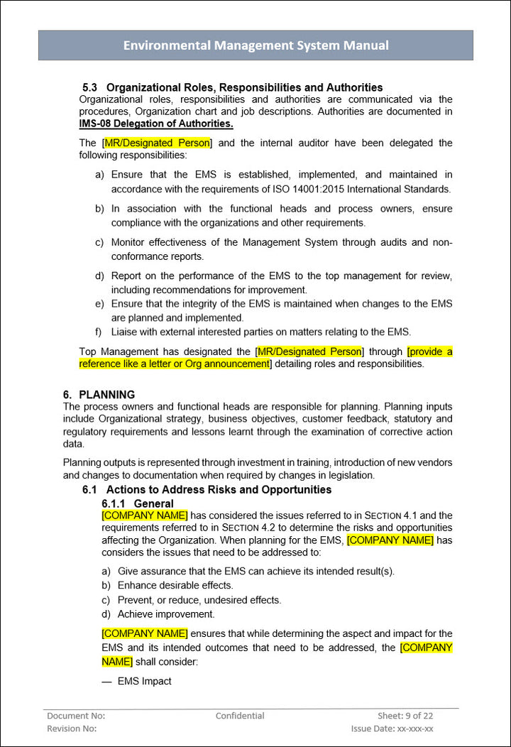 Environmental Management System Manual, Environmental Management System planning