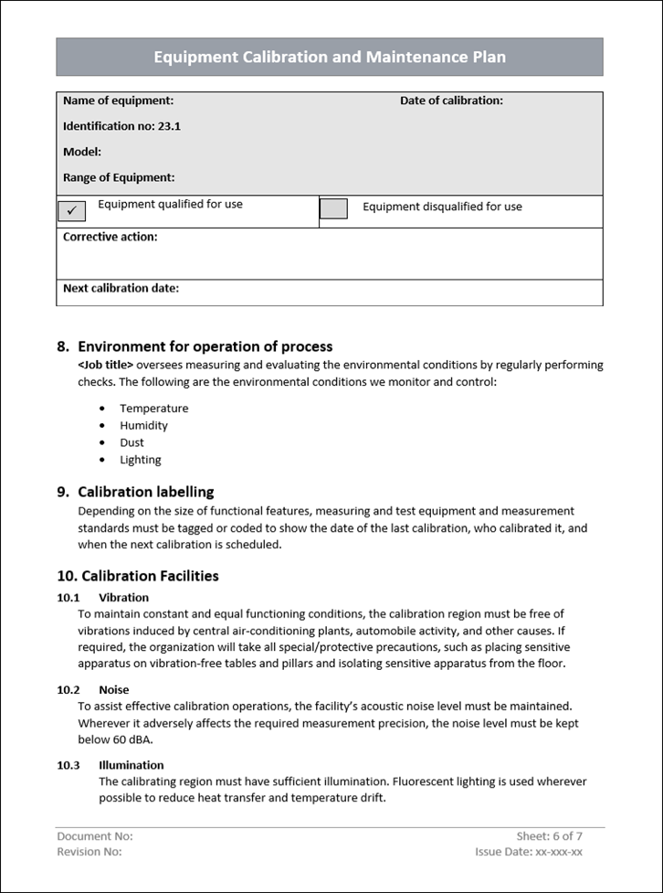 QMS Equipment calibration and maintenance plan, Equipment calibration form