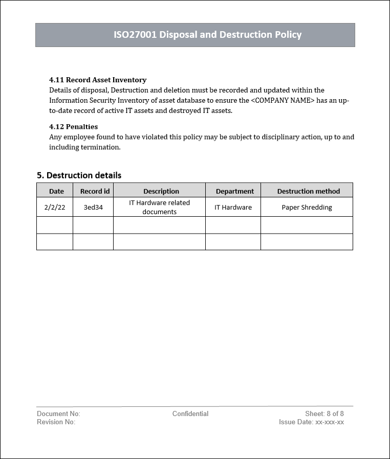 Disposal and destruction policy, destruction details