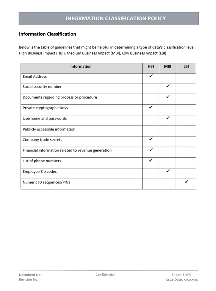 Information classification, Information classification policy