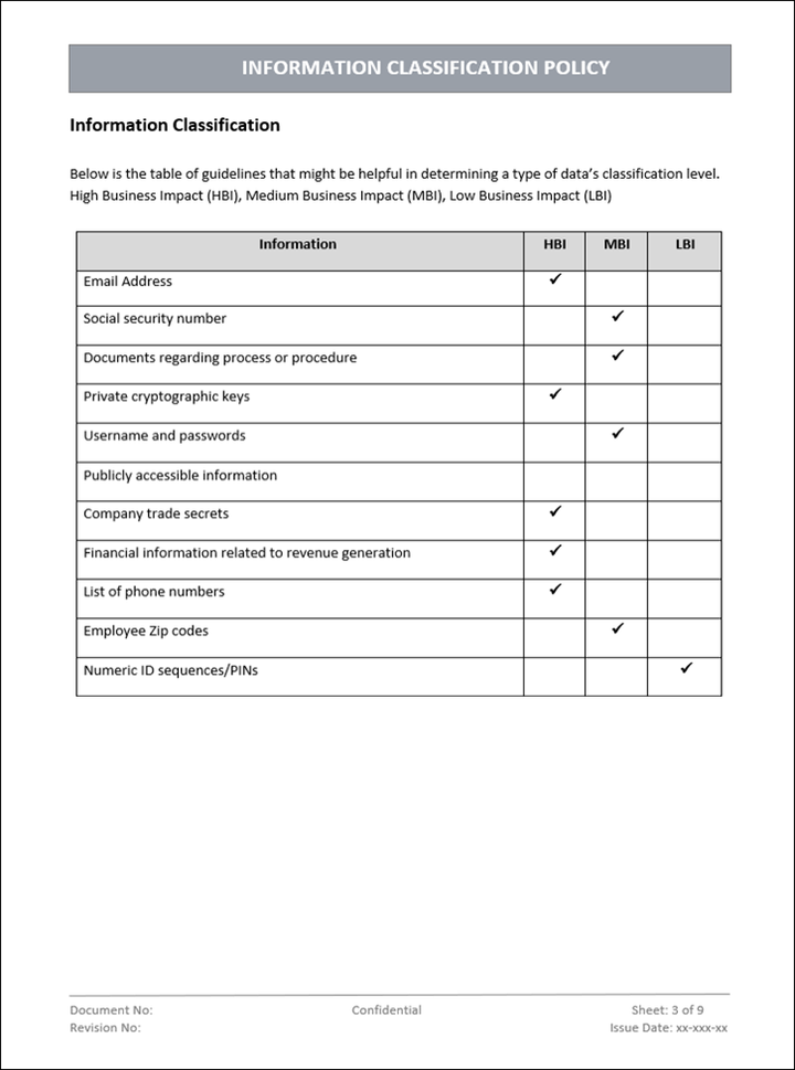 Information classification, Information classification policy