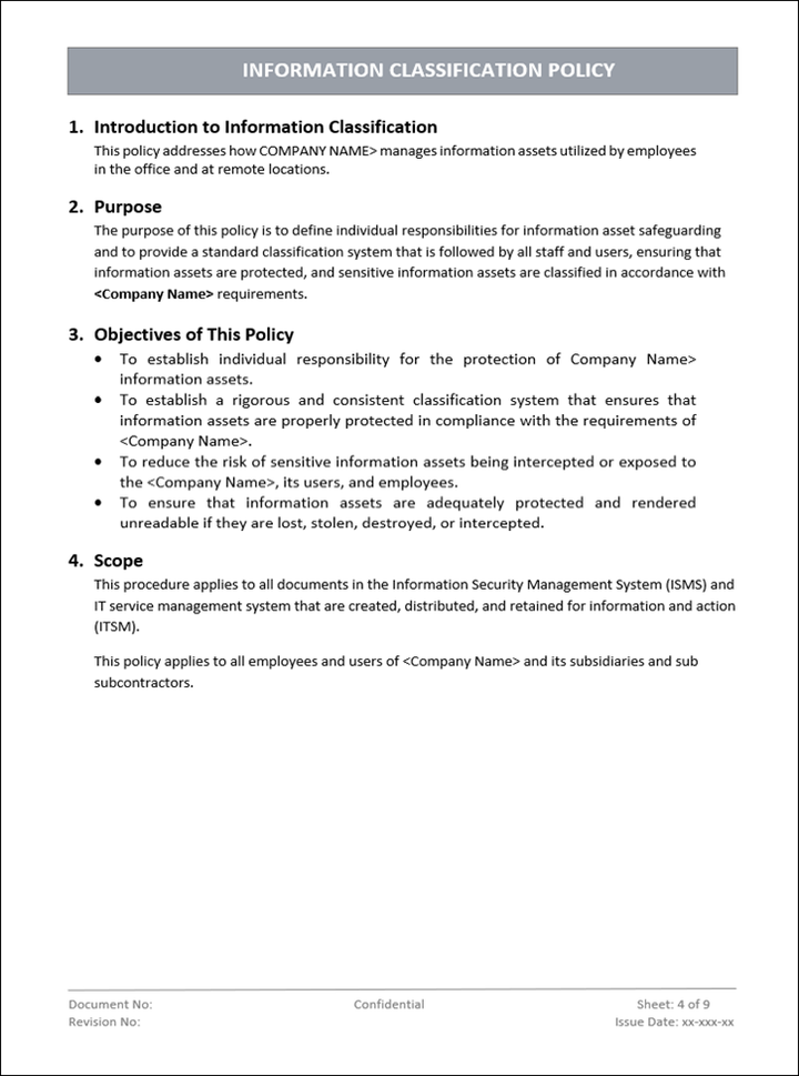 Information classification, Information classification policy