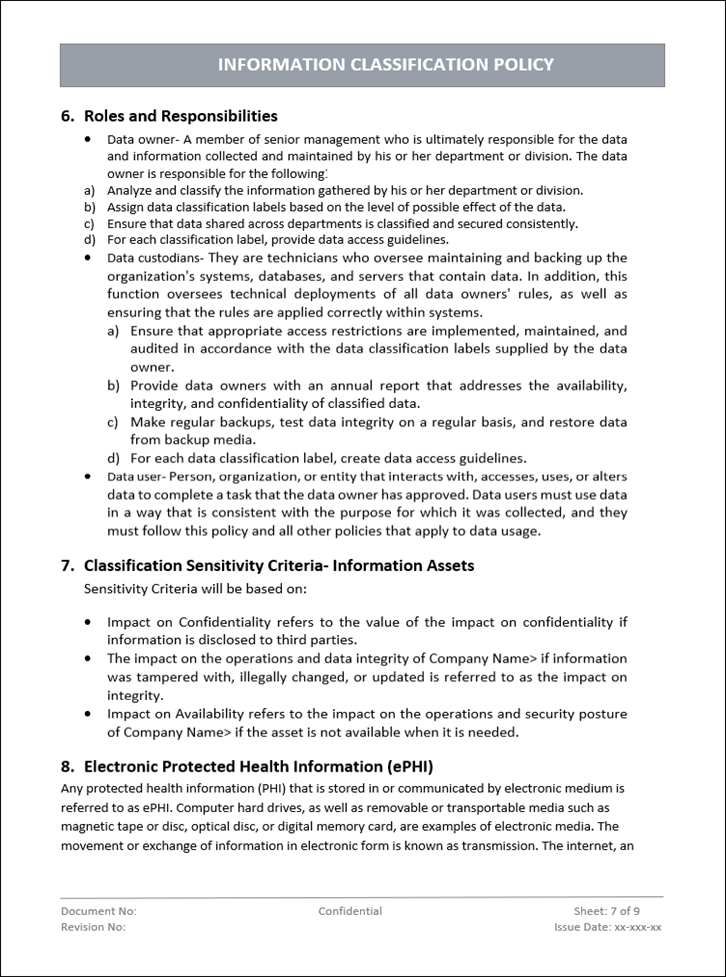 Information classification, Information classification policy